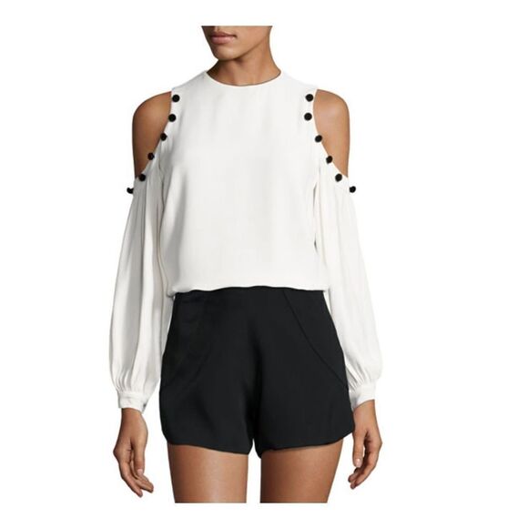ALEXIS Erica Black Button-Trim Cold-Shoulder Cream Top Blouse Women’s Sz Medium - Picture 1 of 12